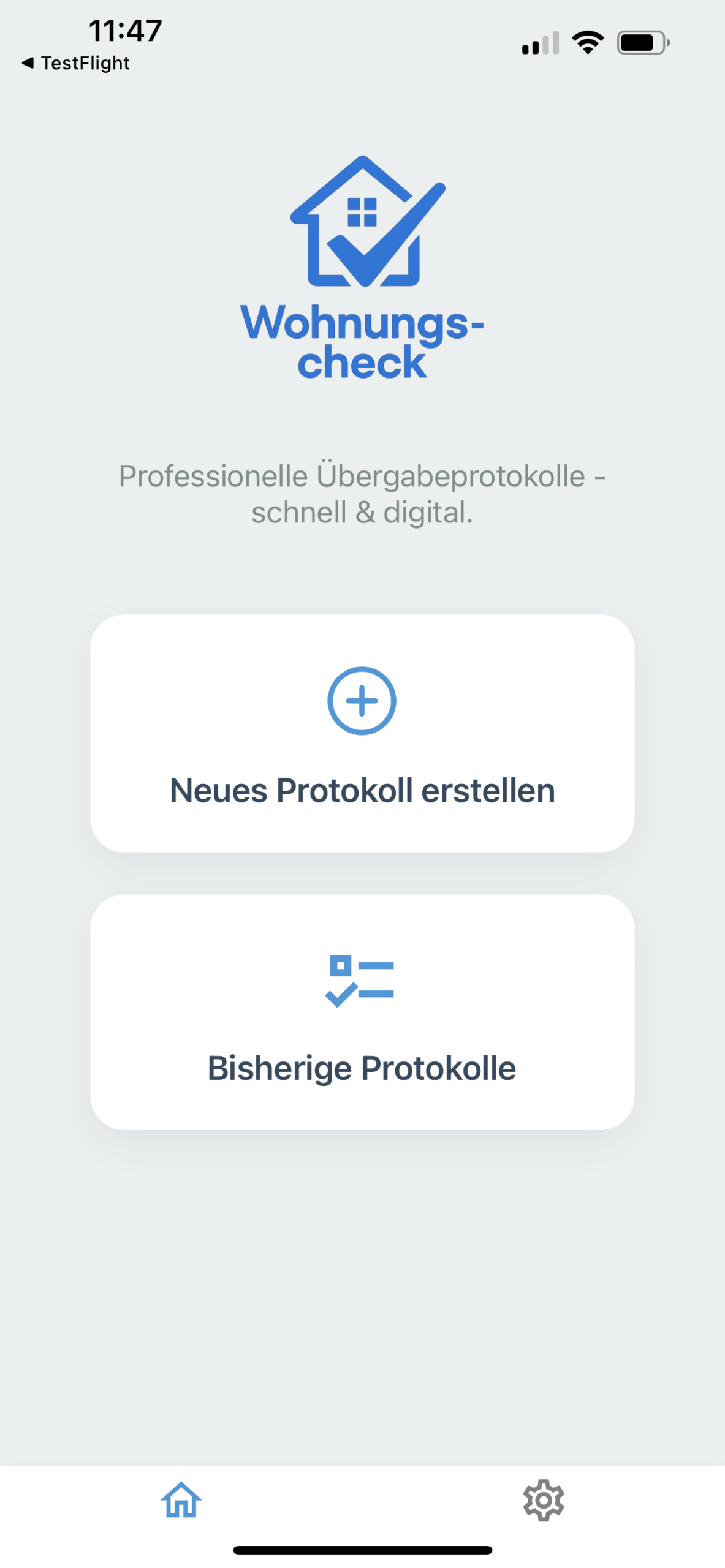 WohnungsCheck Startbildschirm